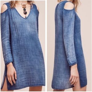 Anthropologie Open-Shoulder Chambray Shift Dress